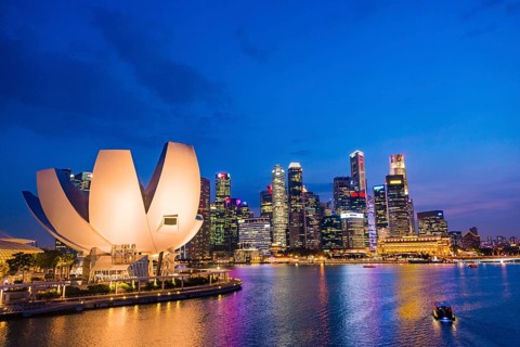 ArtScience Museum and skyline at dusk