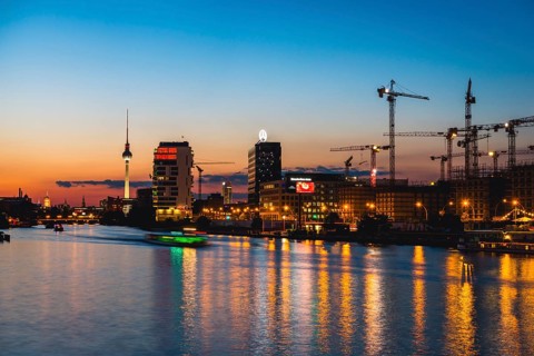 View from Oberbaum Bridge to the Berlin skyline with Alex