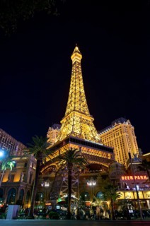 Illuminated Paris Las Vegas Hotel and Casino at night
