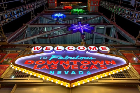 Bright Welcome to Fabulous Downtown Las Vegas Nevada sign at Fremont Street Experience in old Las Vegas