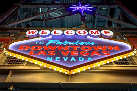 Bright Welcome to Fabulous Downtown Las Vegas Nevada sign at Fremont Street Experience in old Las Vegas