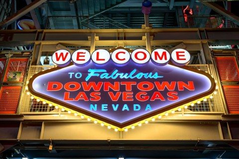 Bright Welcome to Fabulous Downtown Las Vegas Nevada sign at Fremont Street Experience in old Las Vegas
