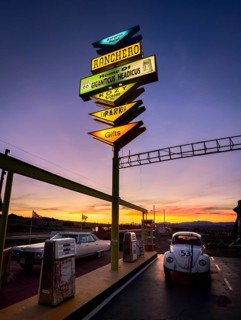 Historic rest stop and gas station with vintage cars