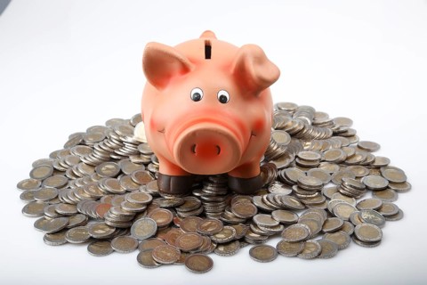 Piggy bank on a pile of euro coins