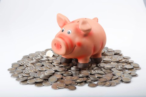 Piggy bank on a pile of euro coins