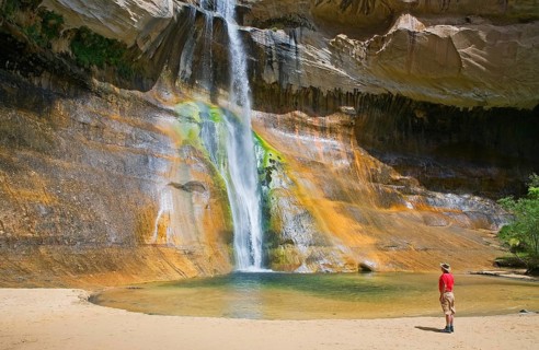 Man contemplating Lower Calf Creek Falls