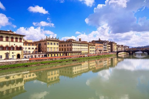 Florence old district on Arno river including Santa Trinita and Ponte Vecchio bridges