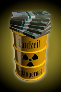 Euro bills piling up on barrel of nuclear waste with inscription saying lifetime extension