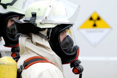 Firefighters with radiation protection