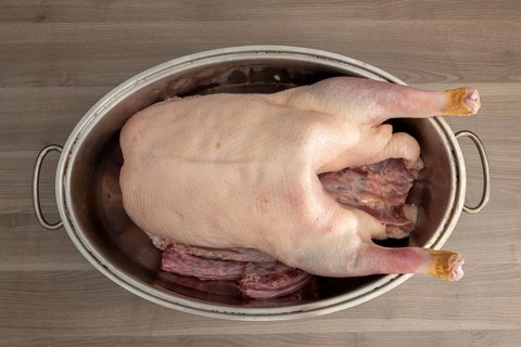Prepared raw Christmas goose lying in the roaster