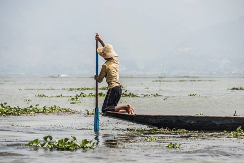 Local fishermen rowing from knees on fishing boat