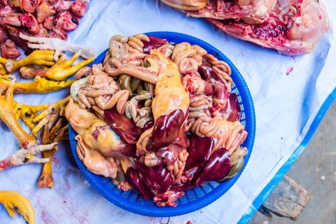 Poultry offal at the market