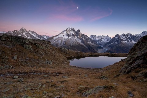 Lac des Chesery with Mont Blanc massif after sunset