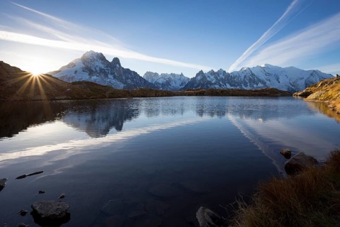 Sunrise at Lac des Chesery with Mont Blanc massif behind