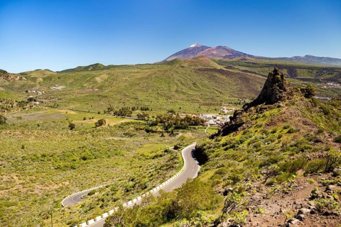 View over Santiago del Teide to Mount Teide as seen from Degollada de Cherfe
