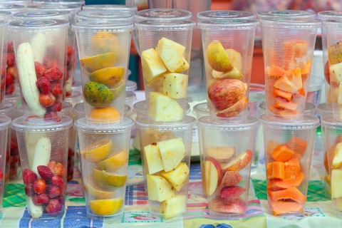 Fruit pieces in tall glasses