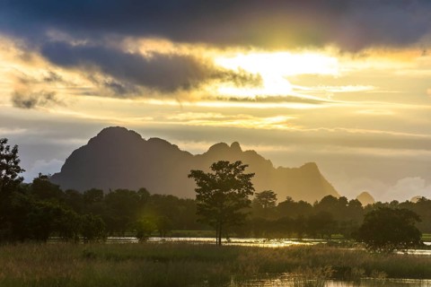 Sunset above tower karst mountains