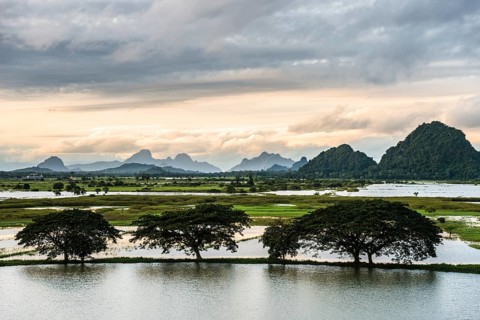 Sunset above tower karst mountains