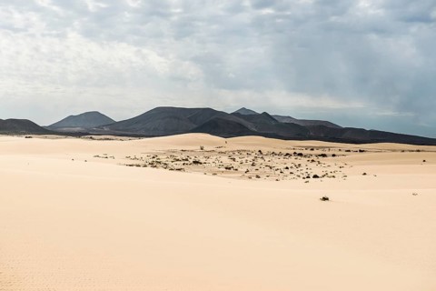 Dunes in front of volcanic mountains
