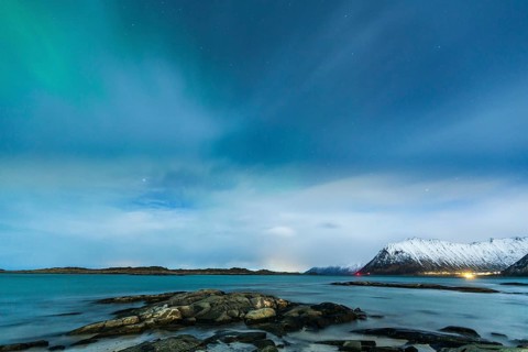 Northern lights with beach of Gimsoy