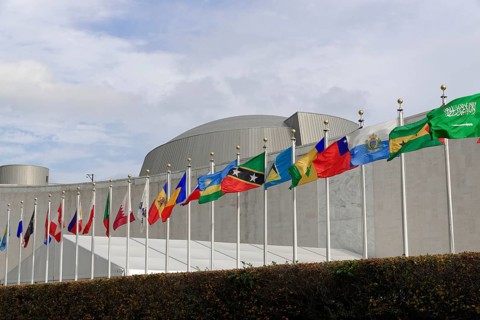 International flags in front of the Headquarters of the United Nations
