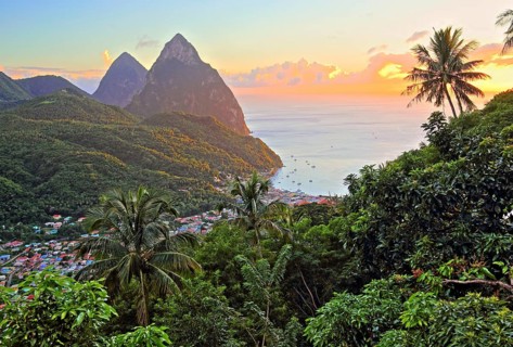 Tropical landscape with view of the village and the two Pitons