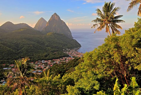 Tropical landscape with view of the village and the two Pitons