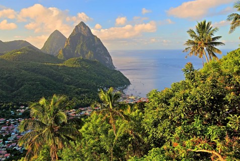 Tropical landscape with view of the village and the two Pitons