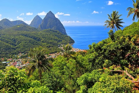 Tropical landscape with view of the village and the two Pitons