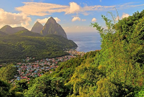 Tropical landscape with view of the village and the two Pitons