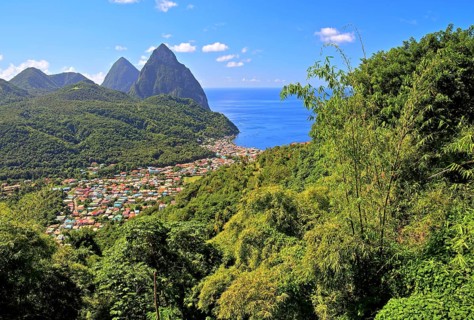 Tropical landscape with view of the village and the two Pitons