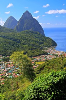 Tropical landscape with view of the village and the two Pitons