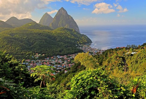 Tropical landscape with view of the village and the two Pitons