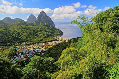 Tropical landscape with view of the village and the two Pitons