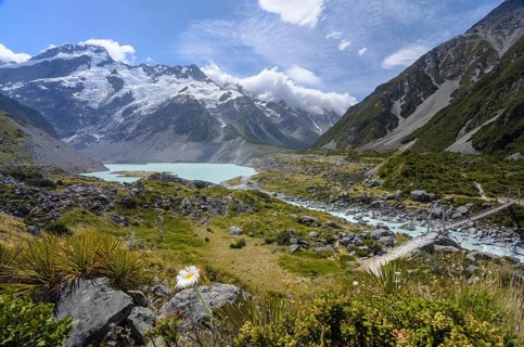 Mueller Lake and Hooker River Bridge with Mount Sefton