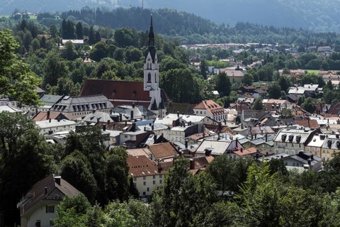 View from the Calvary to the historic centre of Bad Tolz with the Church of the Assumption