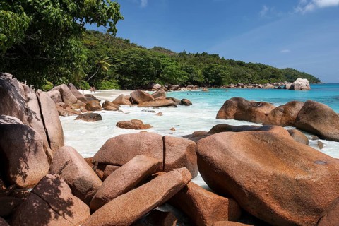 Granite cliffs and beach at Anse Lazio
