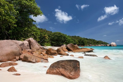 Granite cliffs and beach at Anse Lazio