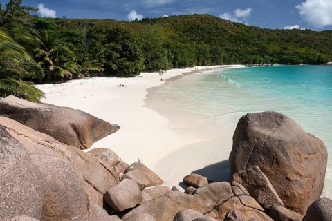 Granite cliffs and beach at Anse Lazio