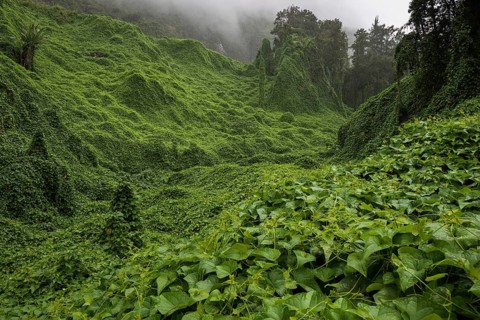 Landscape overgrown with chayote in Salazie