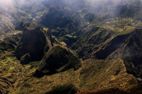 View from Le Maido lookout in the Cirque de Mafate with the Ilet des Orangers and Grand Place villages