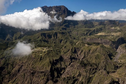 View from the Le Maido lookout in the Cirque de Mafate with Piton des Neiges vulcano