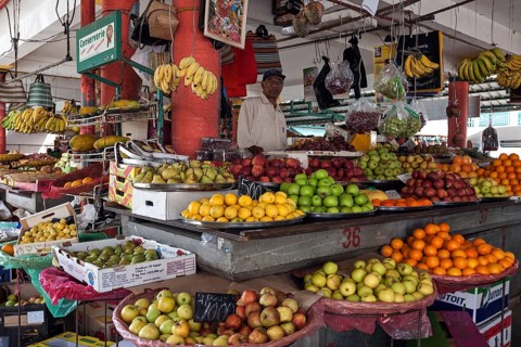 Fruit stand in the market hall in Mahebourg