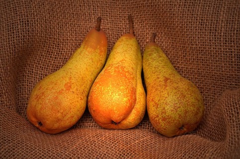 Three pears on jute sack