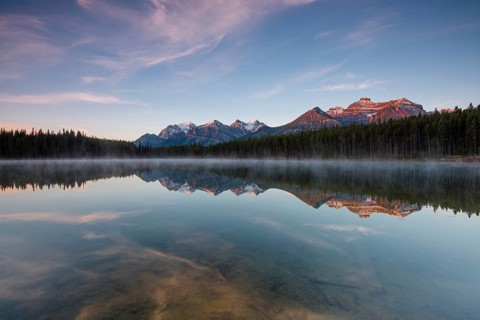 The Bow Range reflected in Herbert Lake at dawn