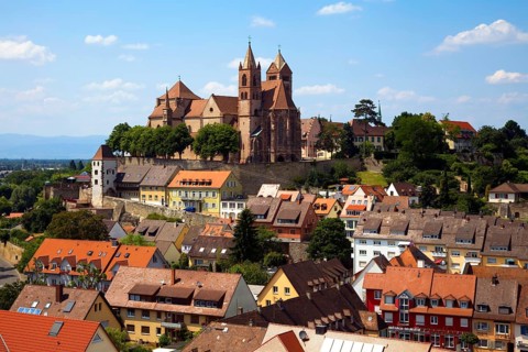 View from Eckhartsberg onto the historic centre with the Roman minster of St. Stephan
