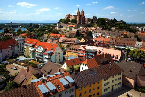 View from Eckhartsberg onto the historic centre with the Roman minster of St. Stephan