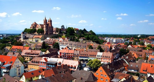 View from Eckhartsberg onto the historic centre with the Roman minster of St. Stephan