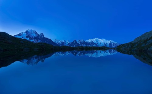 Mont Blanc reflected in Lake Cheserys at dawn