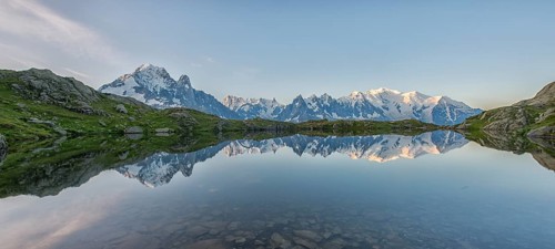 Mont Blanc reflected in Lake Cheserys in the morning